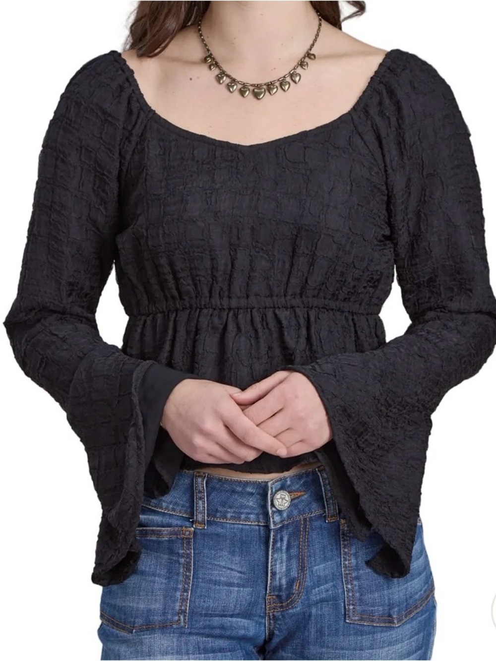 Roper Black Textured Peplum Peasant Blouse XL Wide Bell Sleeves Western Boho